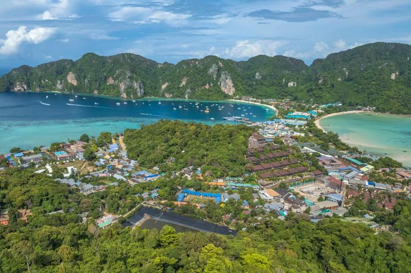 Aerial view of Phi Phi Island with tropical beaches and hills in Thailand.