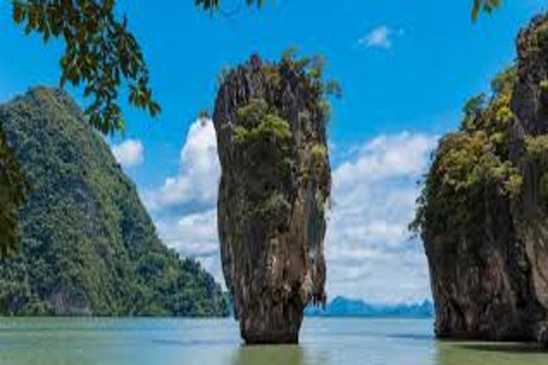 Iconic rock formation at James Bond Island in Phuket, Thailand.